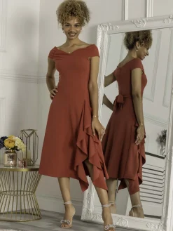 Jolie Moi Occasion Dresses|Sleeveless Dresses-Desiree Frill Fit & Flare Dress, Rusty Red
