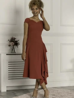 Jolie Moi Occasion Dresses|Sleeveless Dresses-Desiree Frill Fit & Flare Dress, Rusty Red
