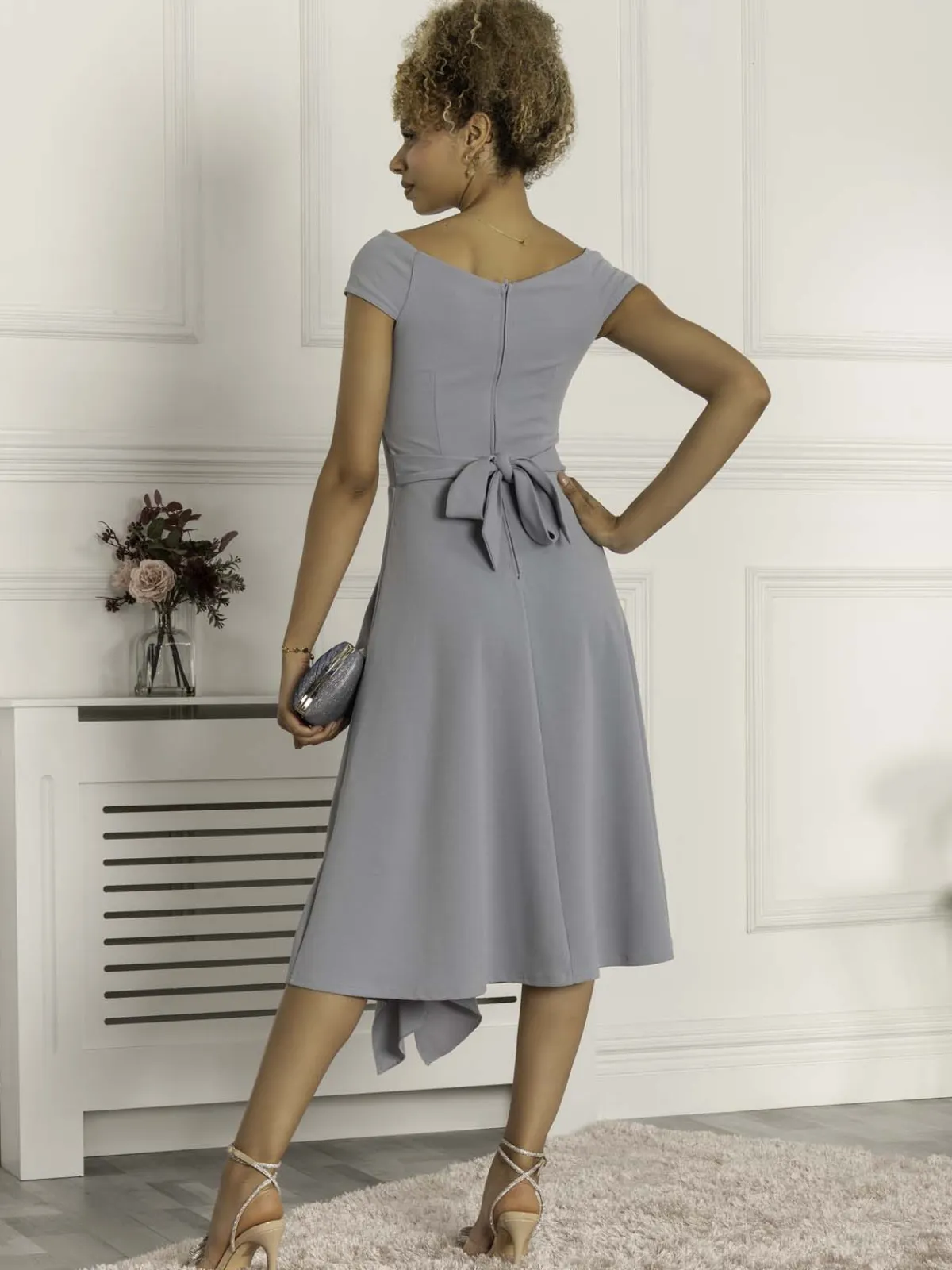 Jolie Moi Occasion Dresses-Desiree Frill Fit & Flare Dress, Steel Blue
