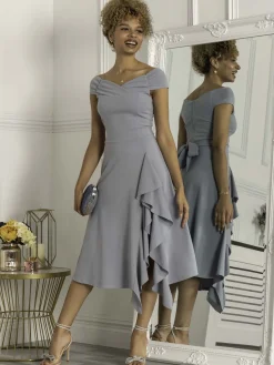 Jolie Moi Occasion Dresses-Desiree Frill Fit & Flare Dress, Steel Blue