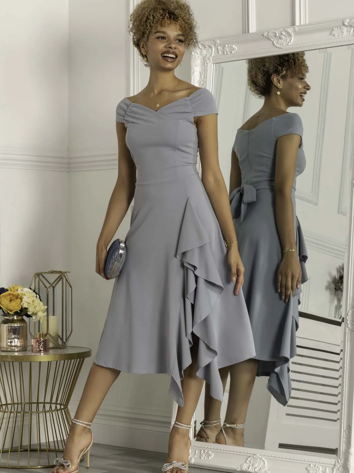 Jolie Moi Occasion Dresses-Desiree Frill Fit & Flare Dress, Steel Blue