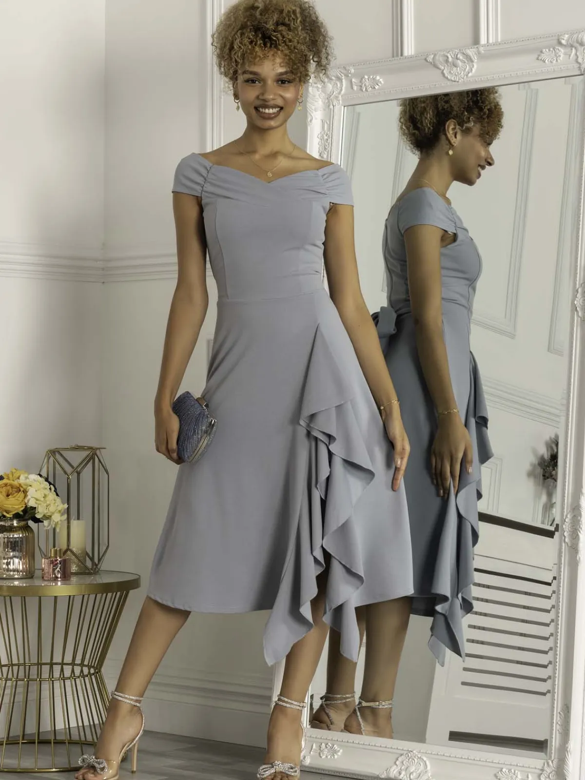 Jolie Moi Occasion Dresses-Desiree Frill Fit & Flare Dress, Steel Blue