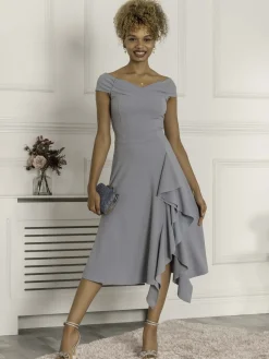 Jolie Moi Occasion Dresses-Desiree Frill Fit & Flare Dress, Steel Blue