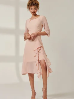 Jolie Moi Occasion Dresses|Party Dresses-Diamante Embellished Chiffon Midi Dress, Nude