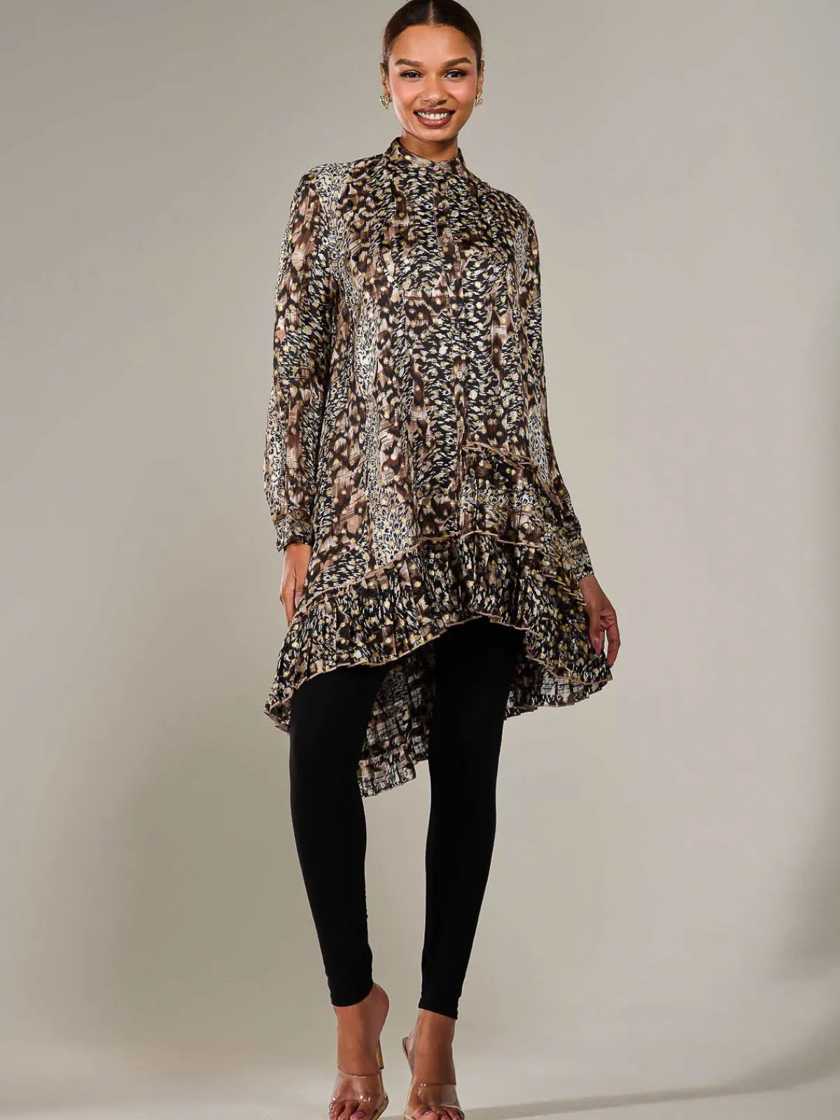 Jolie Moi Occasion Dresses|Weekend Casuals-Dipped Hem Shirt Midi Dress, Brown Animal