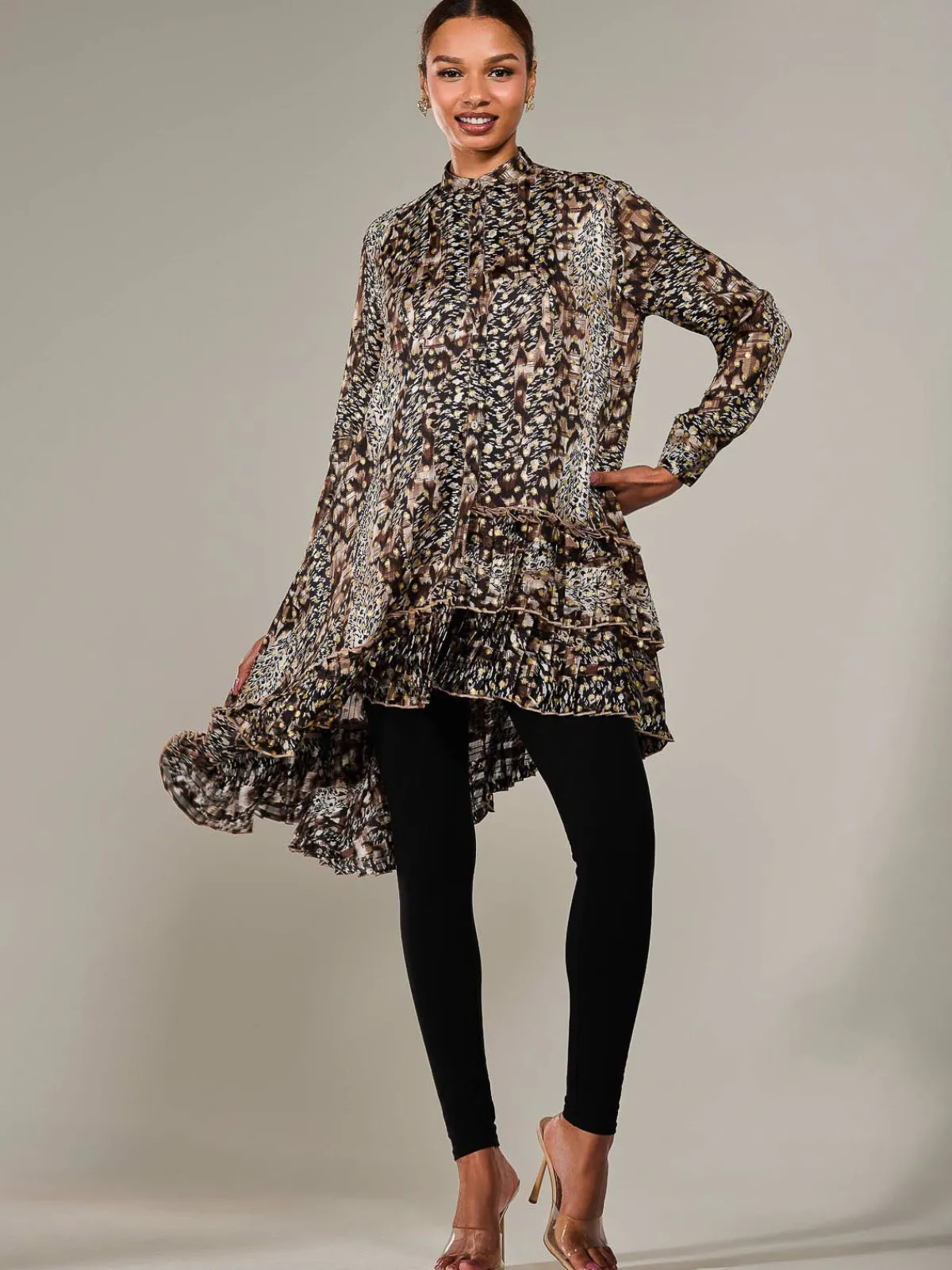 Jolie Moi Occasion Dresses|Weekend Casuals-Dipped Hem Shirt Midi Dress, Brown Animal