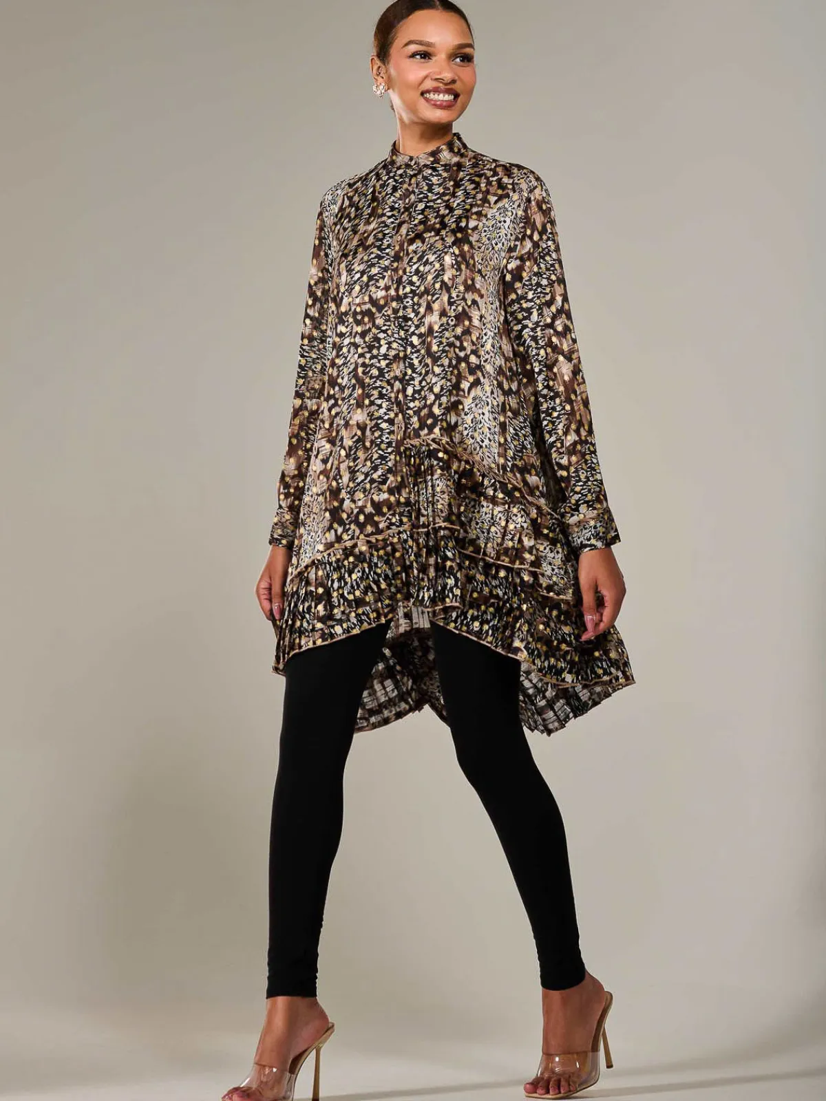 Jolie Moi Occasion Dresses|Weekend Casuals-Dipped Hem Shirt Midi Dress, Brown Animal