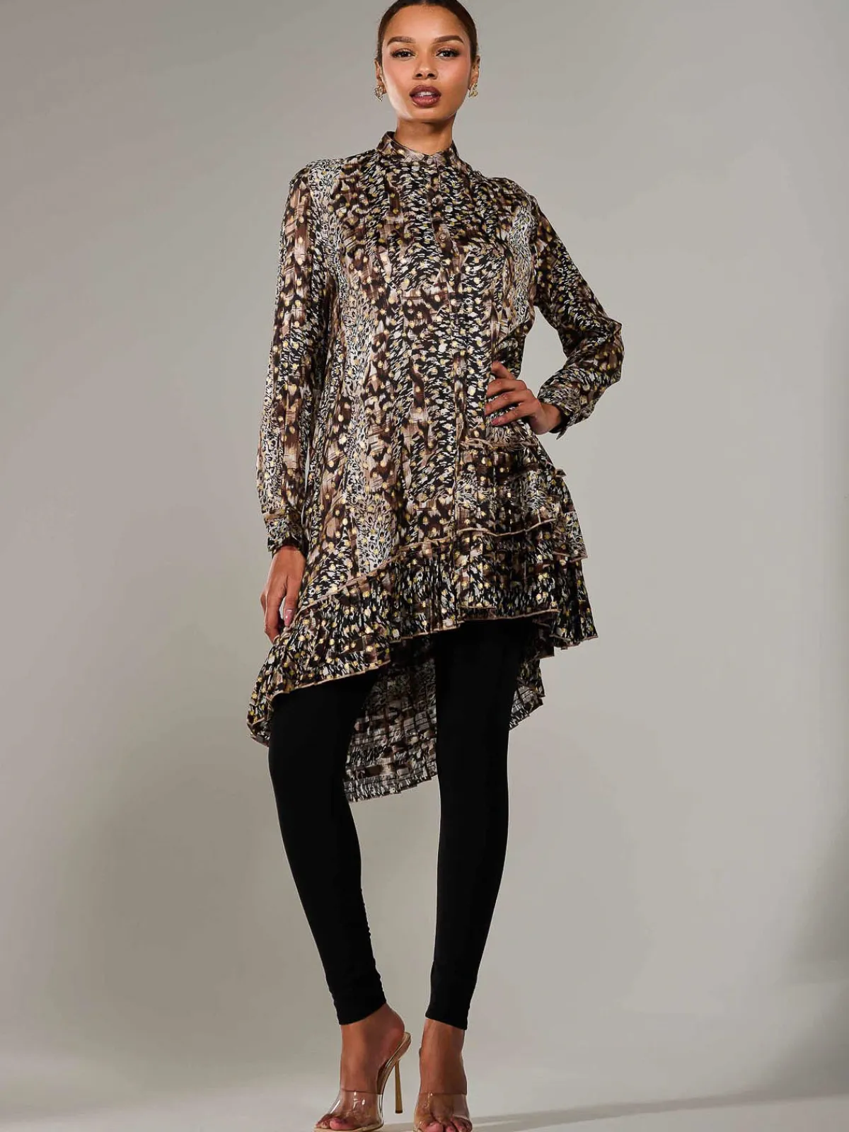 Jolie Moi Occasion Dresses|Weekend Casuals-Dipped Hem Shirt Midi Dress, Brown Animal