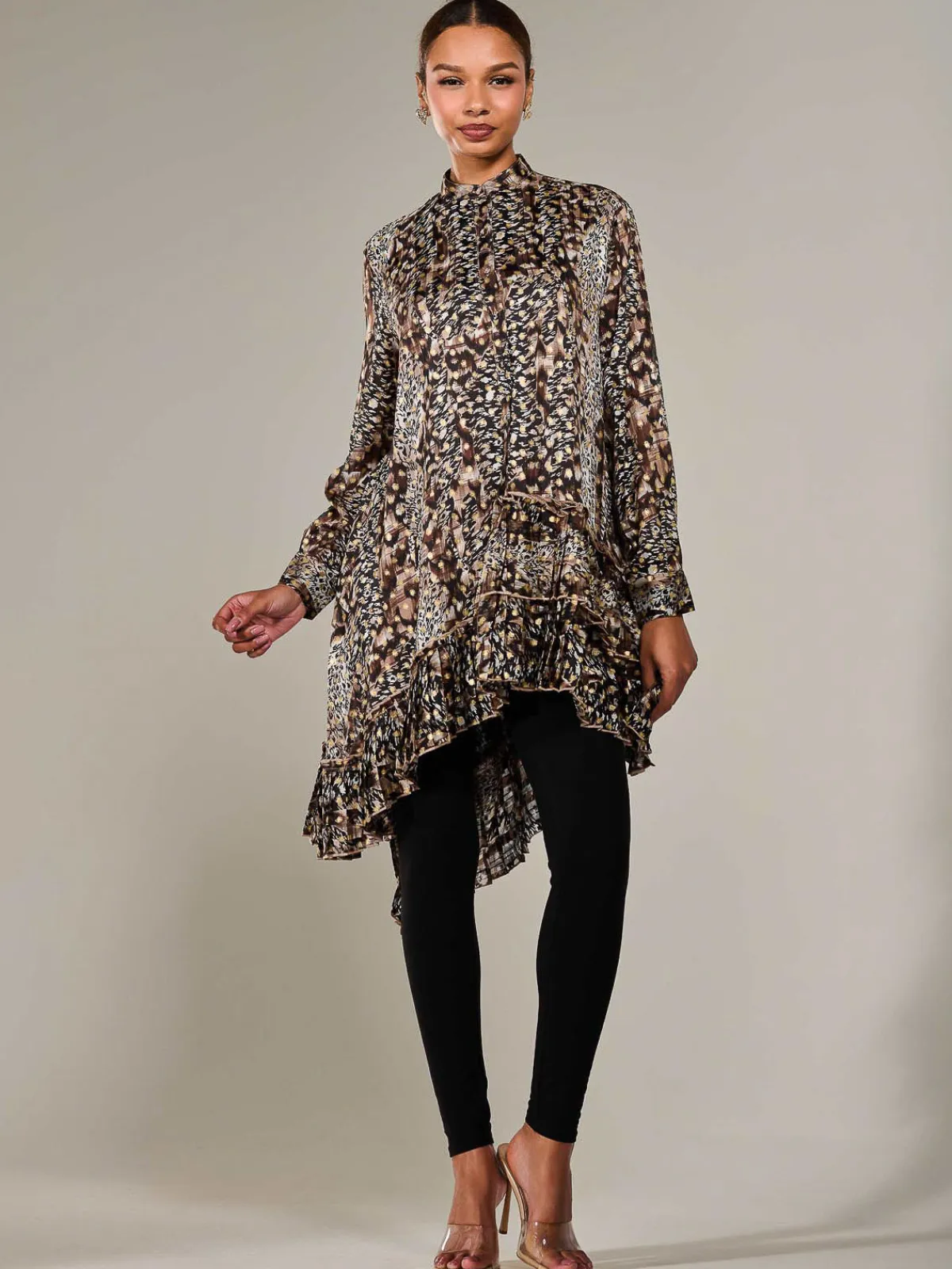 Jolie Moi Occasion Dresses|Weekend Casuals-Dipped Hem Shirt Midi Dress, Brown Animal