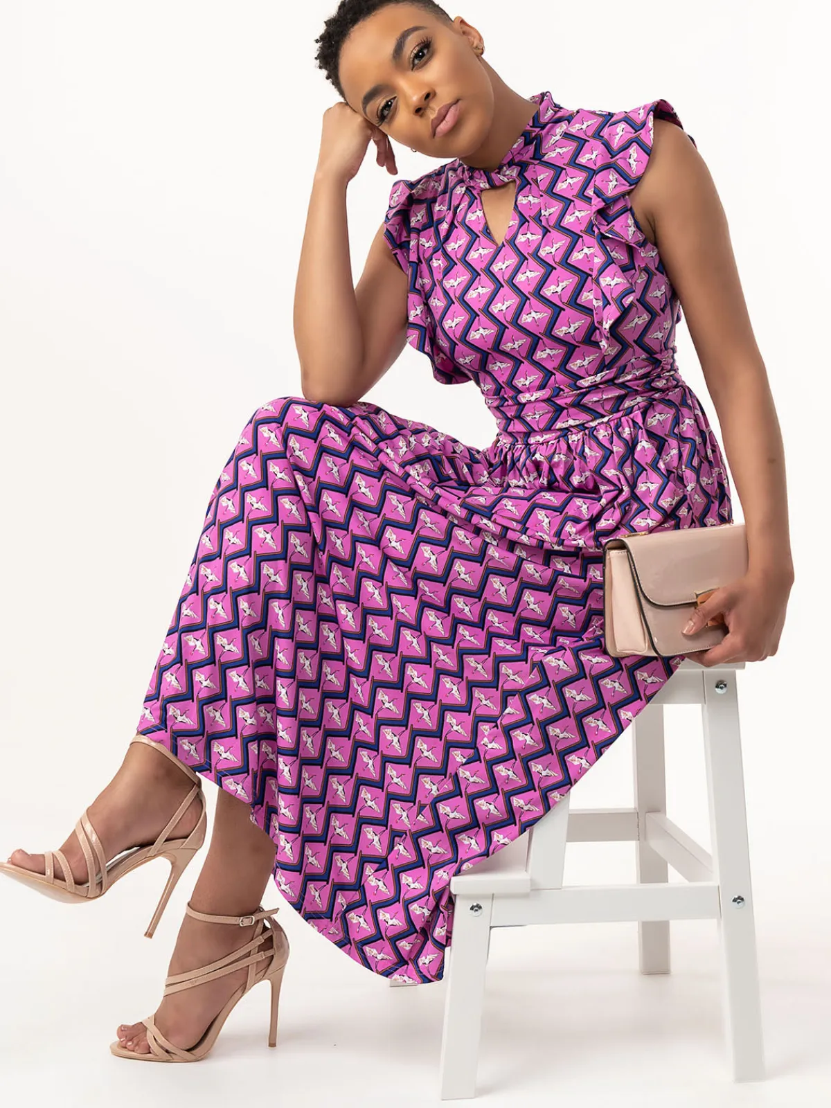 Jolie Moi Occasion Dresses|Jersey Dresses-Doris Frilly Maxi Dress, Pink Animal