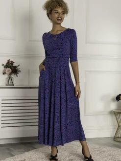 Jolie Moi Occasion Dresses|Weekend Casuals-Dorothy 3/4 Sleeve Maxi Dress, Blue Animal
