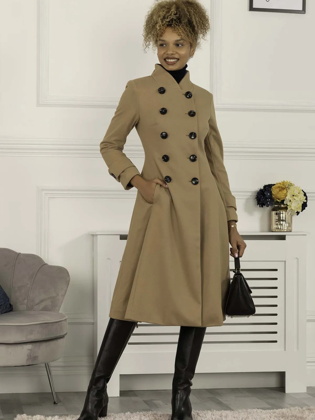 Jolie Moi Coats & Jackets-Double Breasted Button Detail Fit And Flare Coat, Camel