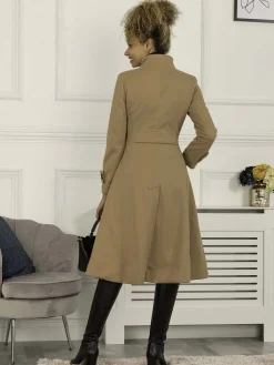 Jolie Moi Coats & Jackets-Double Breasted Button Detail Fit And Flare Coat, Camel