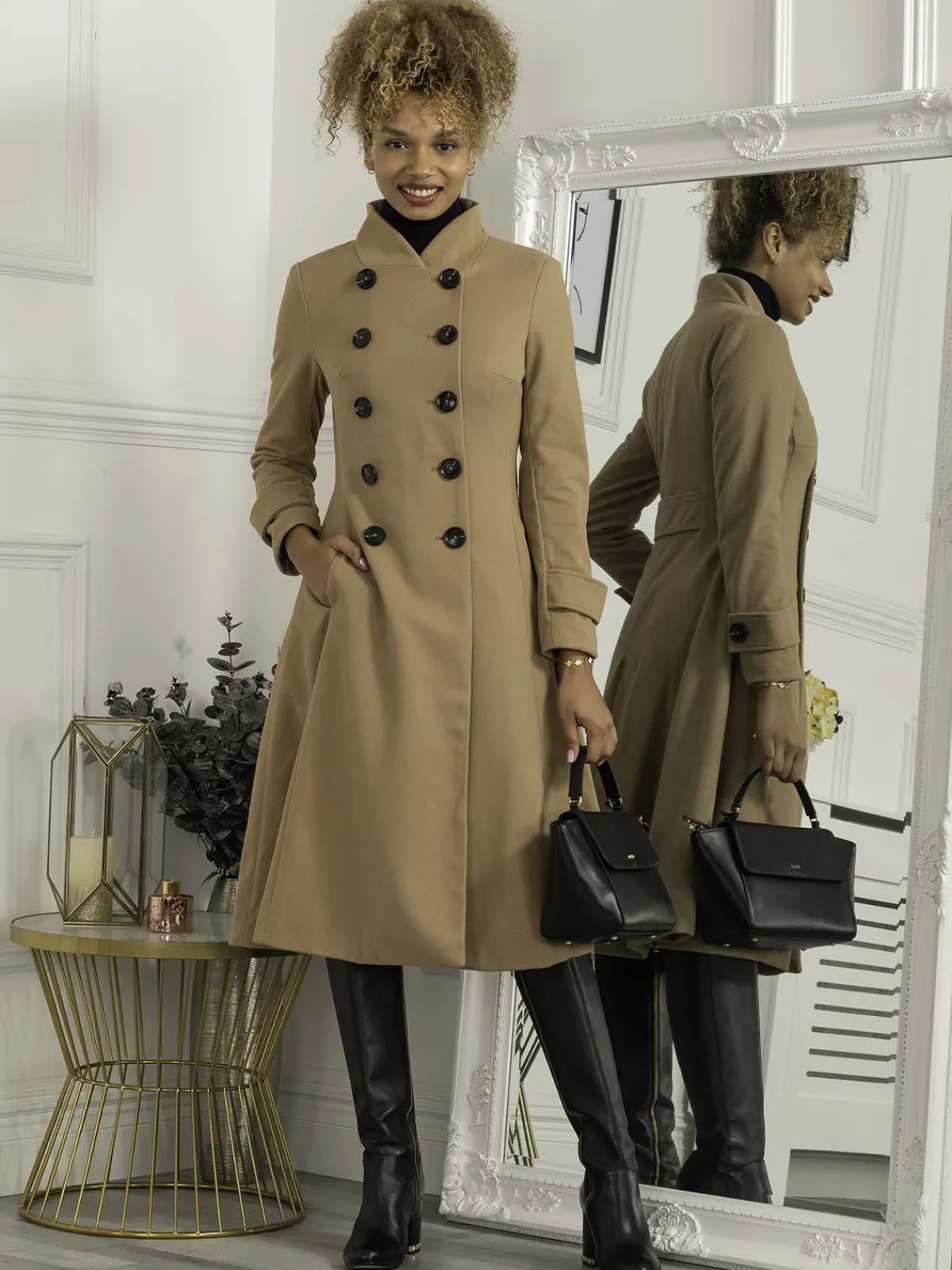 Jolie Moi Coats & Jackets-Double Breasted Button Detail Fit And Flare Coat, Camel