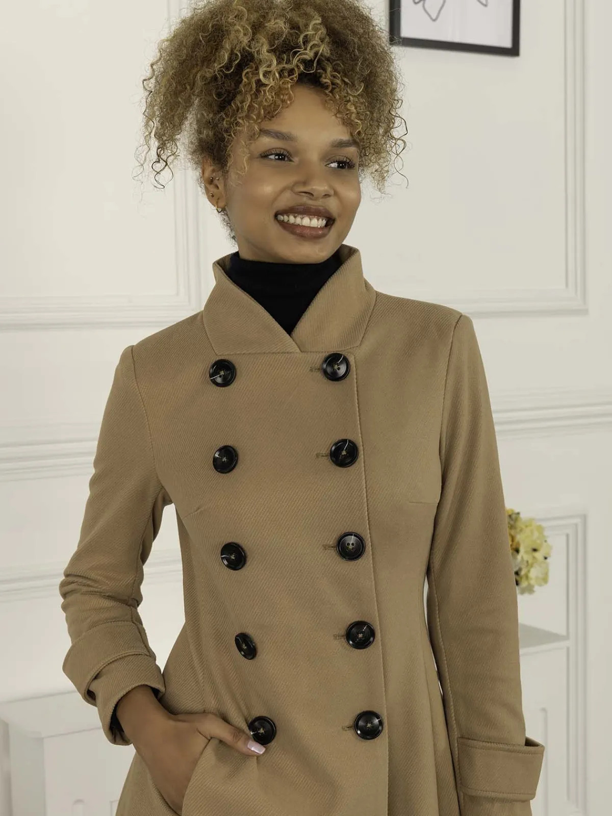 Jolie Moi Coats & Jackets-Double Breasted Button Detail Fit And Flare Coat, Camel