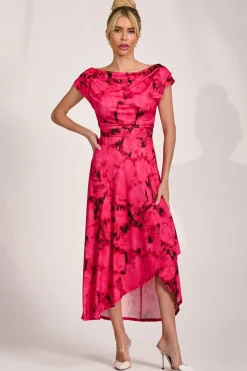 Jolie Moi Jersey Dresses|Midi Dresses-Draped Asymmetric Jersey Midi dress, Red Abstract