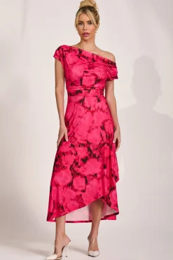 Jolie Moi Jersey Dresses|Midi Dresses-Draped Asymmetric Jersey Midi dress, Red Abstract