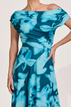 Jolie Moi Occasion Dresses|Jersey Dresses-Draped Asymmetric Jersey Midi dress, Teal Abstract