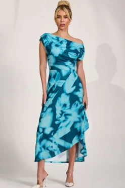 Jolie Moi Occasion Dresses|Jersey Dresses-Draped Asymmetric Jersey Midi dress, Teal Abstract