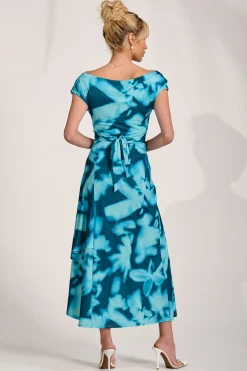 Jolie Moi Occasion Dresses|Jersey Dresses-Draped Asymmetric Jersey Midi dress, Teal Abstract