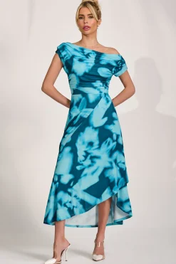 Jolie Moi Occasion Dresses|Jersey Dresses-Draped Asymmetric Jersey Midi dress, Teal Abstract
