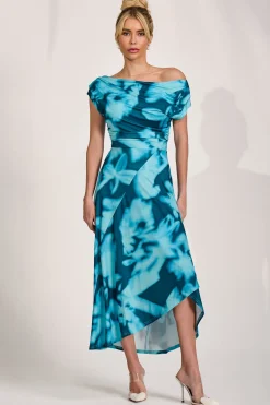 Jolie Moi Occasion Dresses|Jersey Dresses-Draped Asymmetric Jersey Midi dress, Teal Abstract