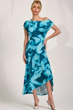 Jolie Moi Occasion Dresses|Jersey Dresses-Draped Asymmetric Jersey Midi dress, Teal Abstract