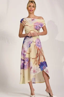Jolie Moi Occasion Dresses|Jersey Dresses-Draped Asymmetric Jersey Midi dress, Yellow Floral