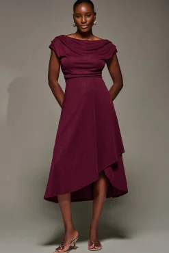 Jolie Moi Occasion Dresses|Jersey Dresses-Draped Jersey Cowl Neck Midi Dress, Burgundy