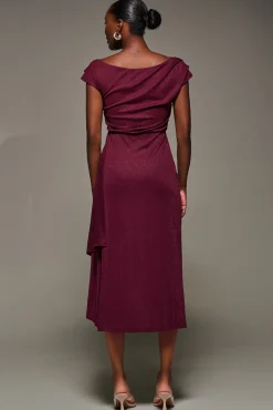Jolie Moi Occasion Dresses|Jersey Dresses-Draped Jersey Cowl Neck Midi Dress, Burgundy
