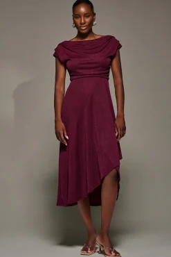Jolie Moi Occasion Dresses|Jersey Dresses-Draped Jersey Cowl Neck Midi Dress, Burgundy