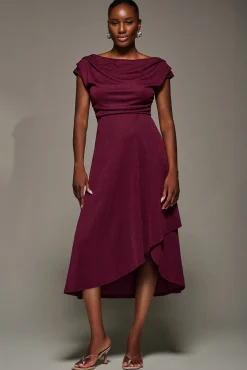 Jolie Moi Occasion Dresses|Jersey Dresses-Draped Jersey Cowl Neck Midi Dress, Burgundy