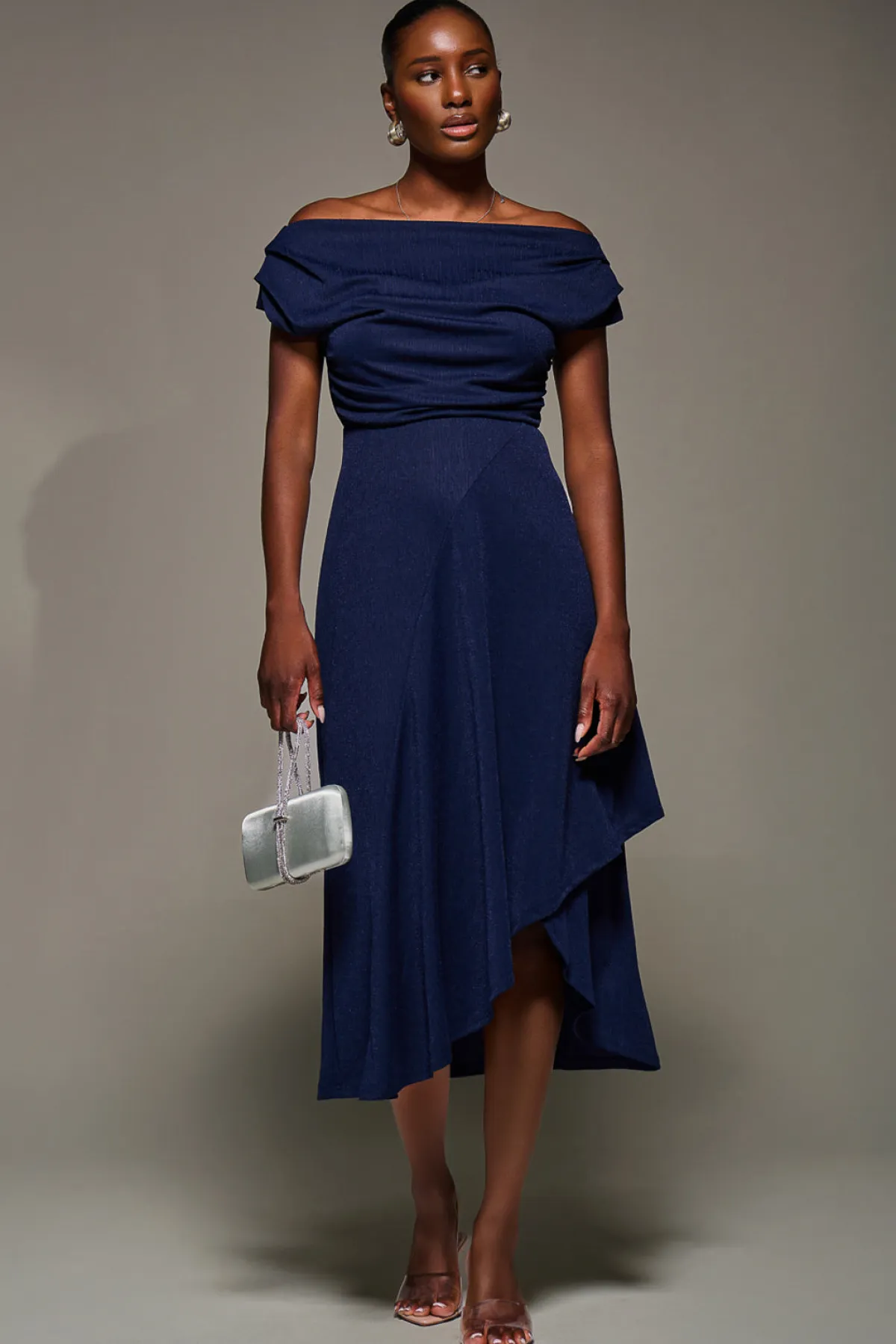 Jolie Moi Occasion Dresses|Jersey Dresses-Draped Jersey Cowl Neck Midi Dress, Navy