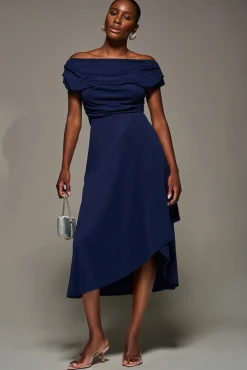 Jolie Moi Occasion Dresses|Jersey Dresses-Draped Jersey Cowl Neck Midi Dress, Navy
