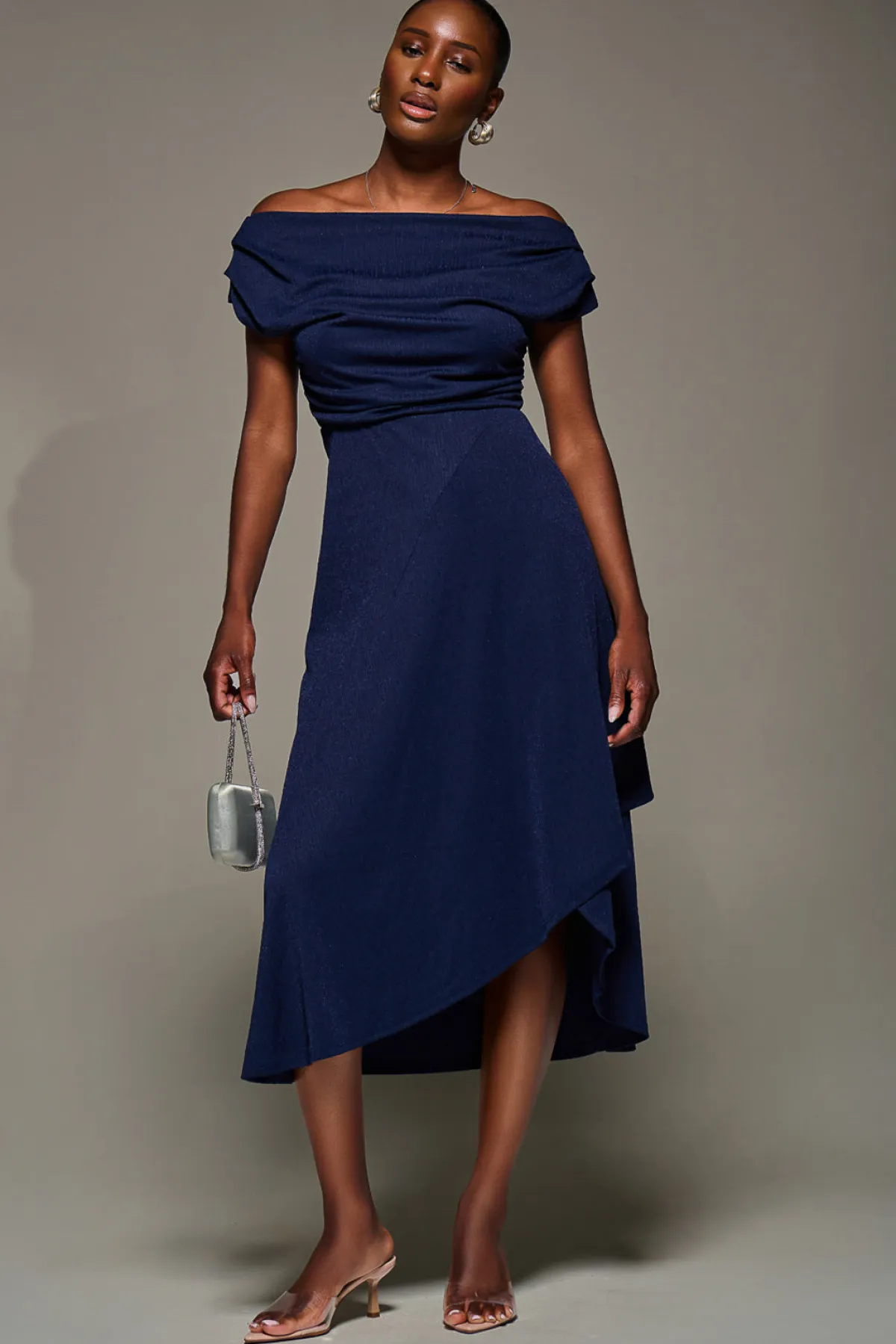 Jolie Moi Occasion Dresses|Jersey Dresses-Draped Jersey Cowl Neck Midi Dress, Navy