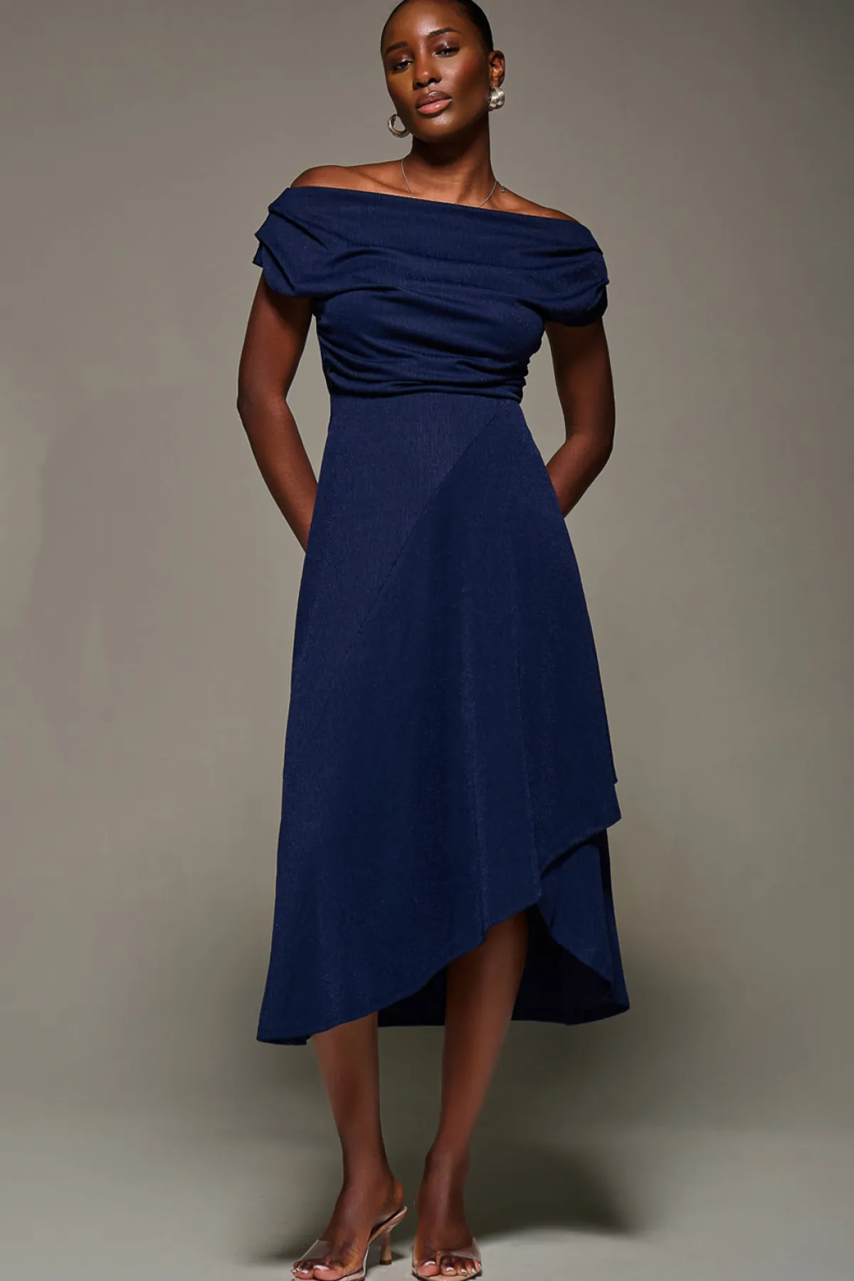 Jolie Moi Occasion Dresses|Jersey Dresses-Draped Jersey Cowl Neck Midi Dress, Navy