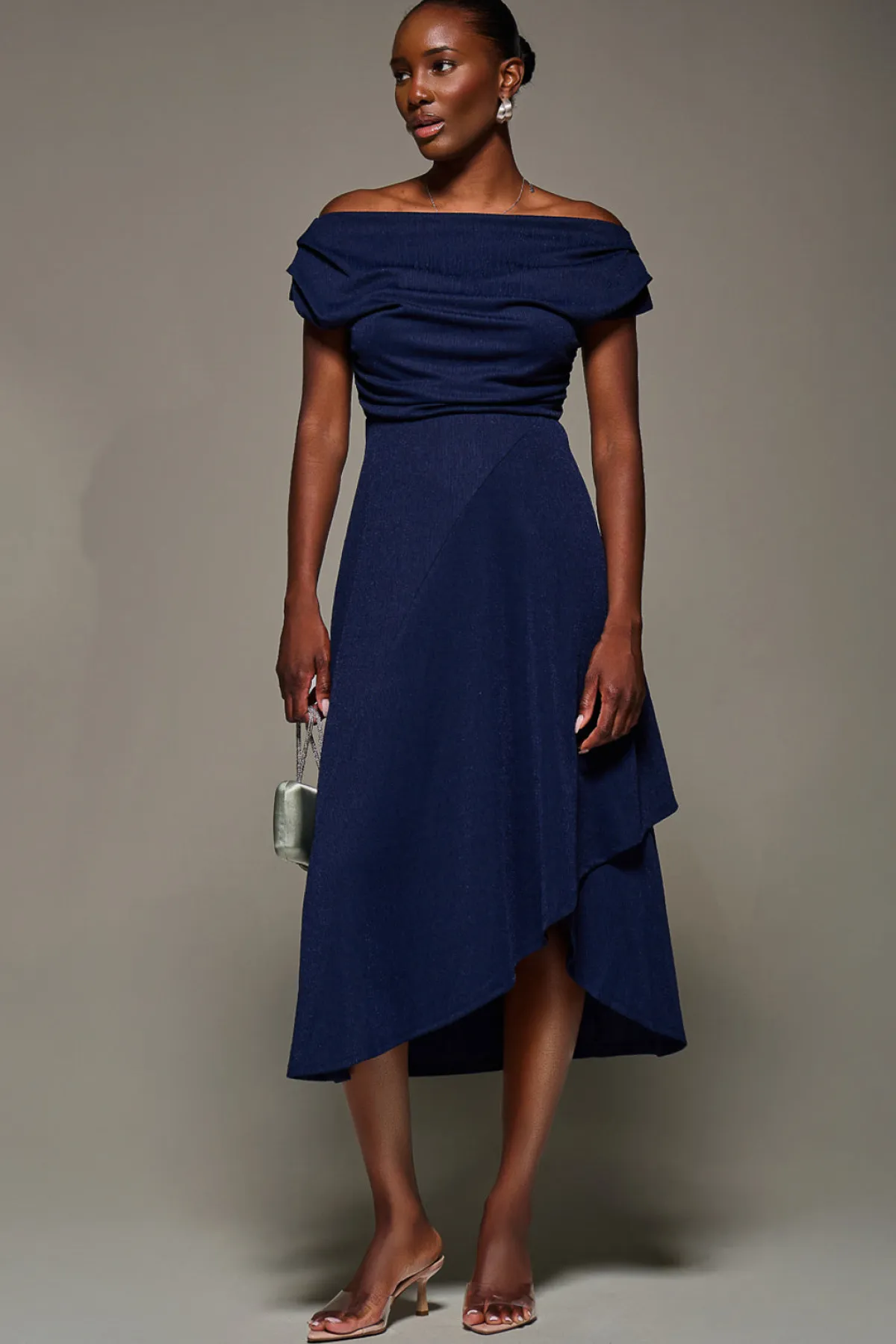 Jolie Moi Occasion Dresses|Jersey Dresses-Draped Jersey Cowl Neck Midi Dress, Navy