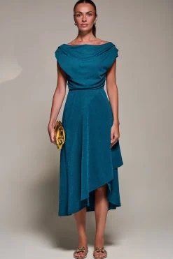 Jolie Moi Occasion Dresses|Jersey Dresses-Draped Jersey Cowl Neck Midi Dress, Teal Blue