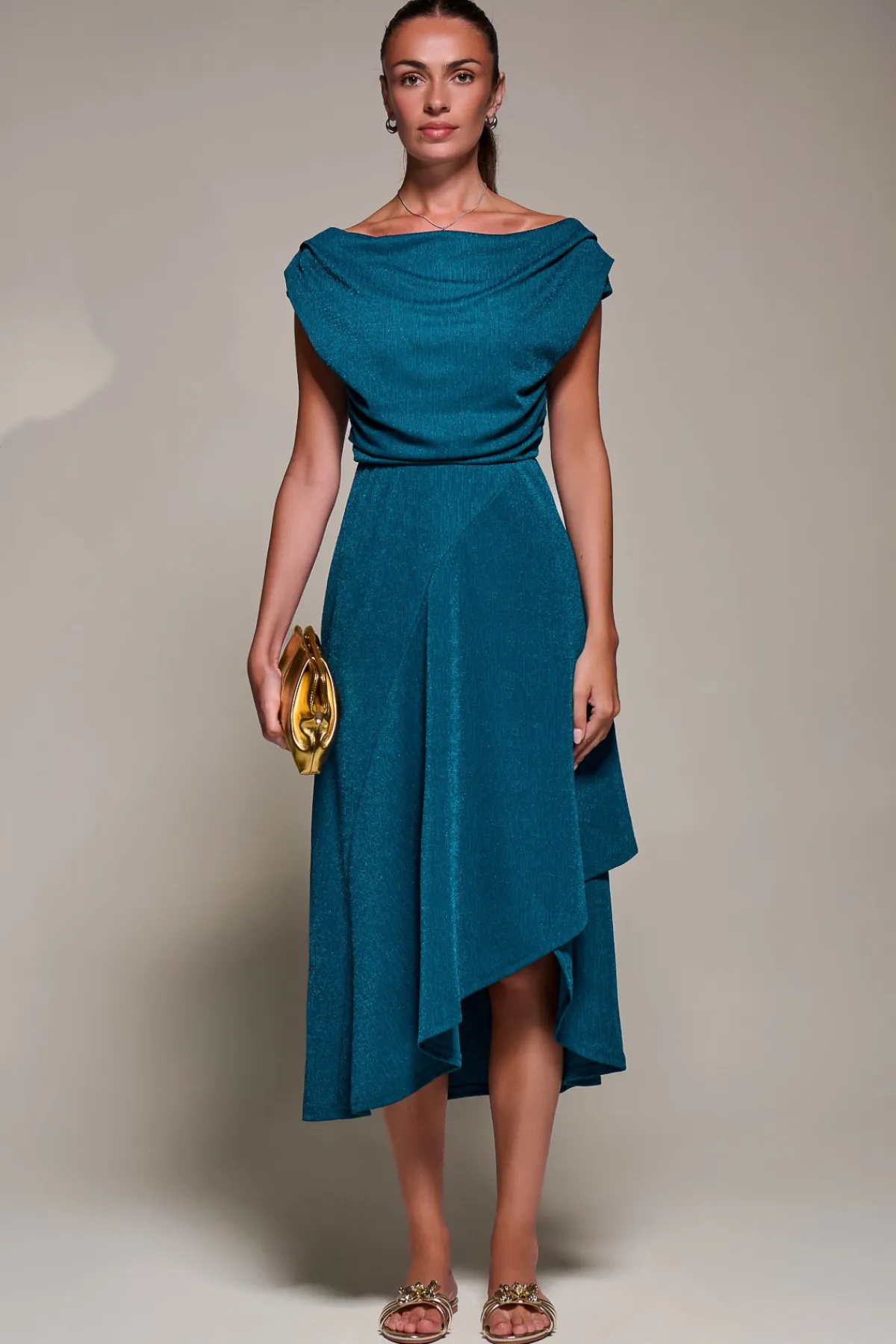 Jolie Moi Occasion Dresses|Jersey Dresses-Draped Jersey Cowl Neck Midi Dress, Teal Blue