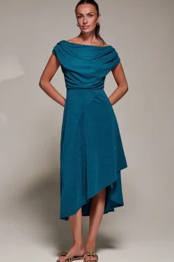 Jolie Moi Occasion Dresses|Jersey Dresses-Draped Jersey Cowl Neck Midi Dress, Teal Blue