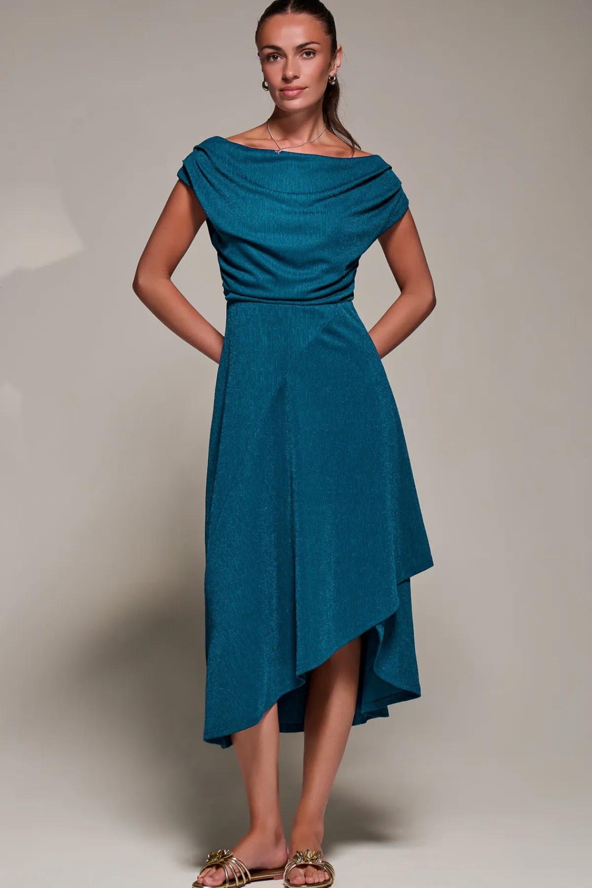 Jolie Moi Occasion Dresses|Jersey Dresses-Draped Jersey Cowl Neck Midi Dress, Teal Blue
