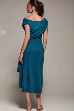Jolie Moi Occasion Dresses|Jersey Dresses-Draped Jersey Cowl Neck Midi Dress, Teal Blue