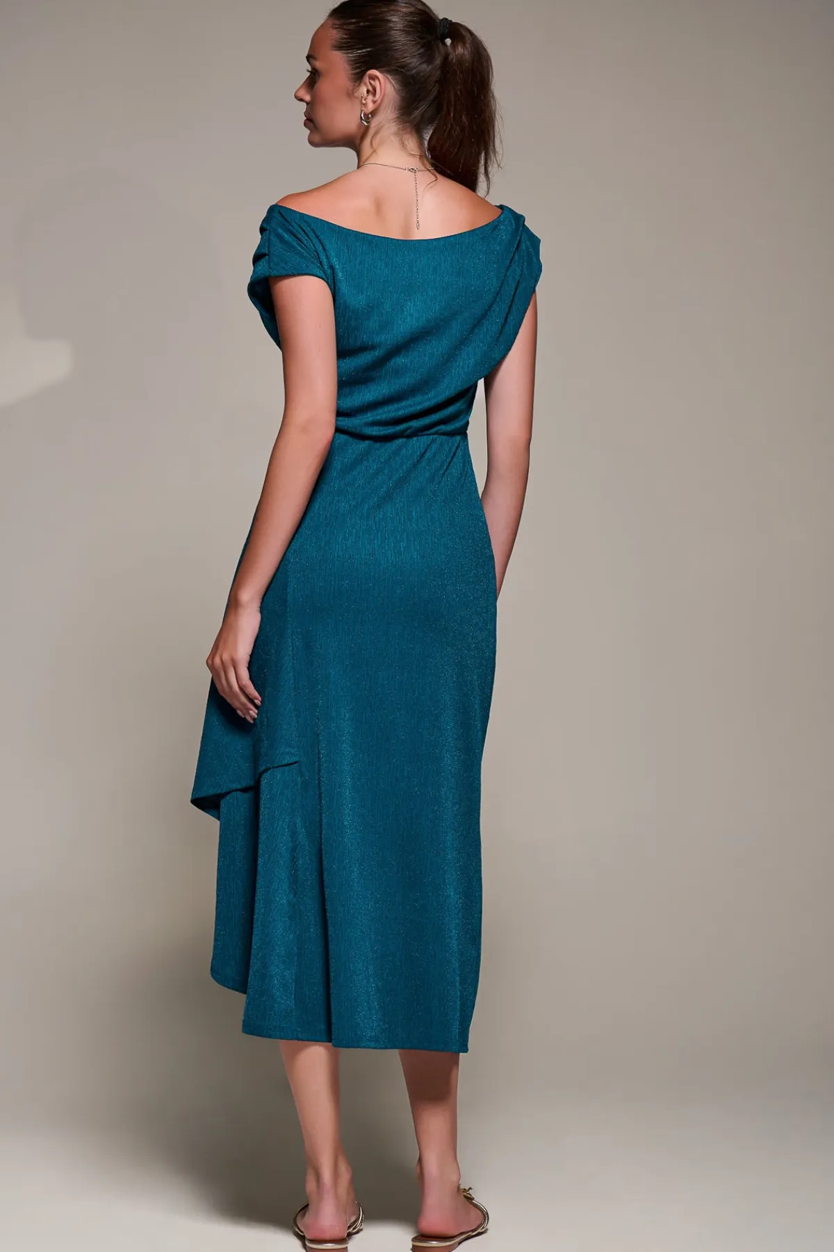 Jolie Moi Occasion Dresses|Jersey Dresses-Draped Jersey Cowl Neck Midi Dress, Teal Blue