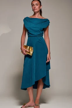 Jolie Moi Occasion Dresses|Jersey Dresses-Draped Jersey Cowl Neck Midi Dress, Teal Blue