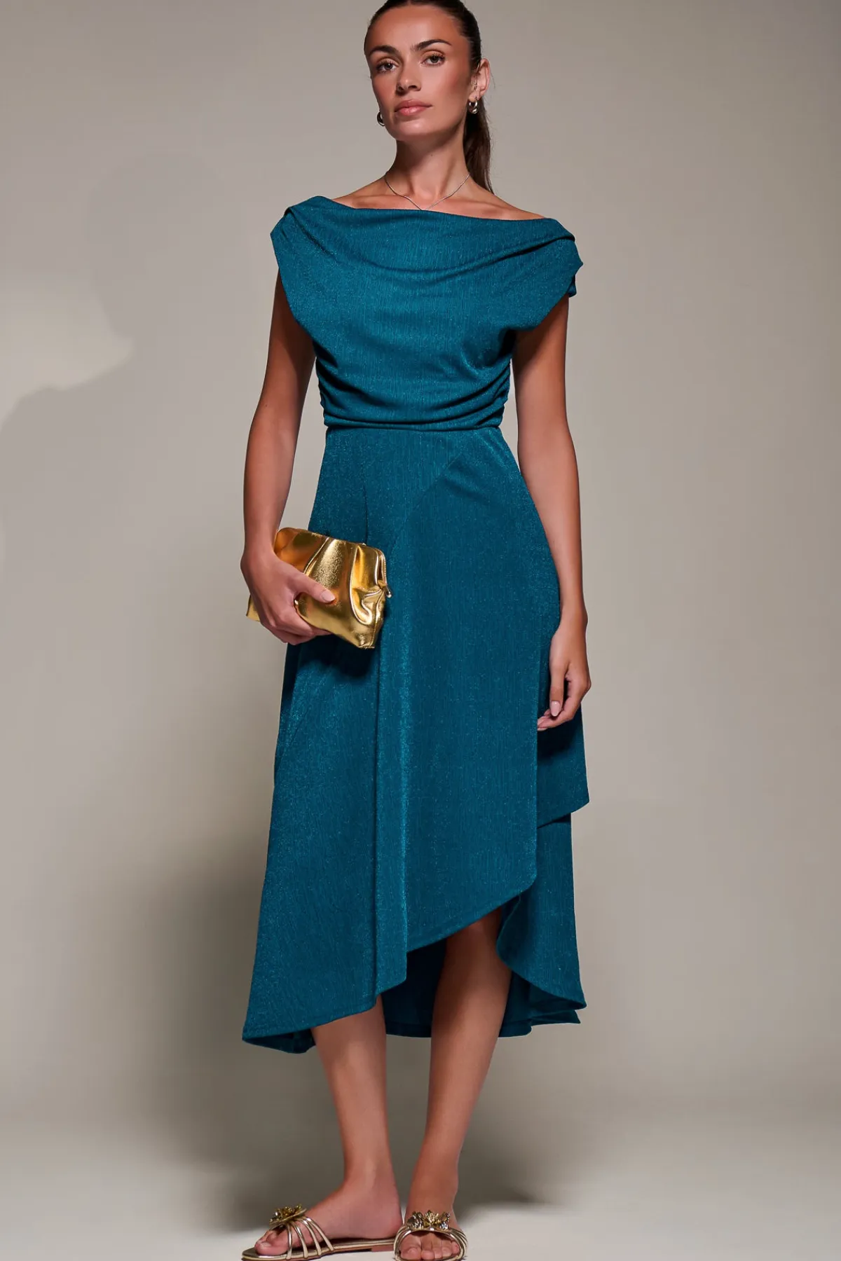 Jolie Moi Occasion Dresses|Jersey Dresses-Draped Jersey Cowl Neck Midi Dress, Teal Blue