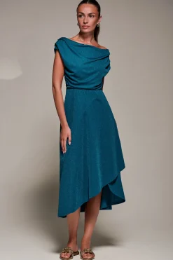 Jolie Moi Occasion Dresses|Jersey Dresses-Draped Jersey Cowl Neck Midi Dress, Teal Blue
