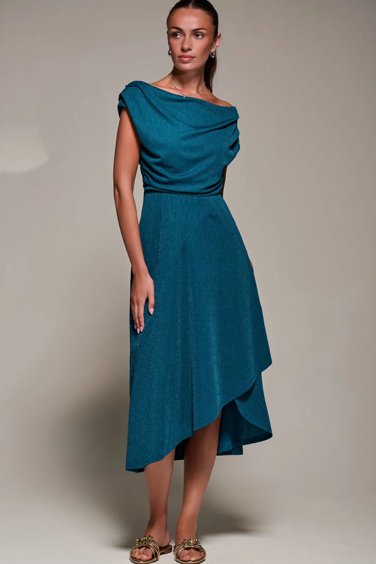 Jolie Moi Occasion Dresses|Jersey Dresses-Draped Jersey Cowl Neck Midi Dress, Teal Blue