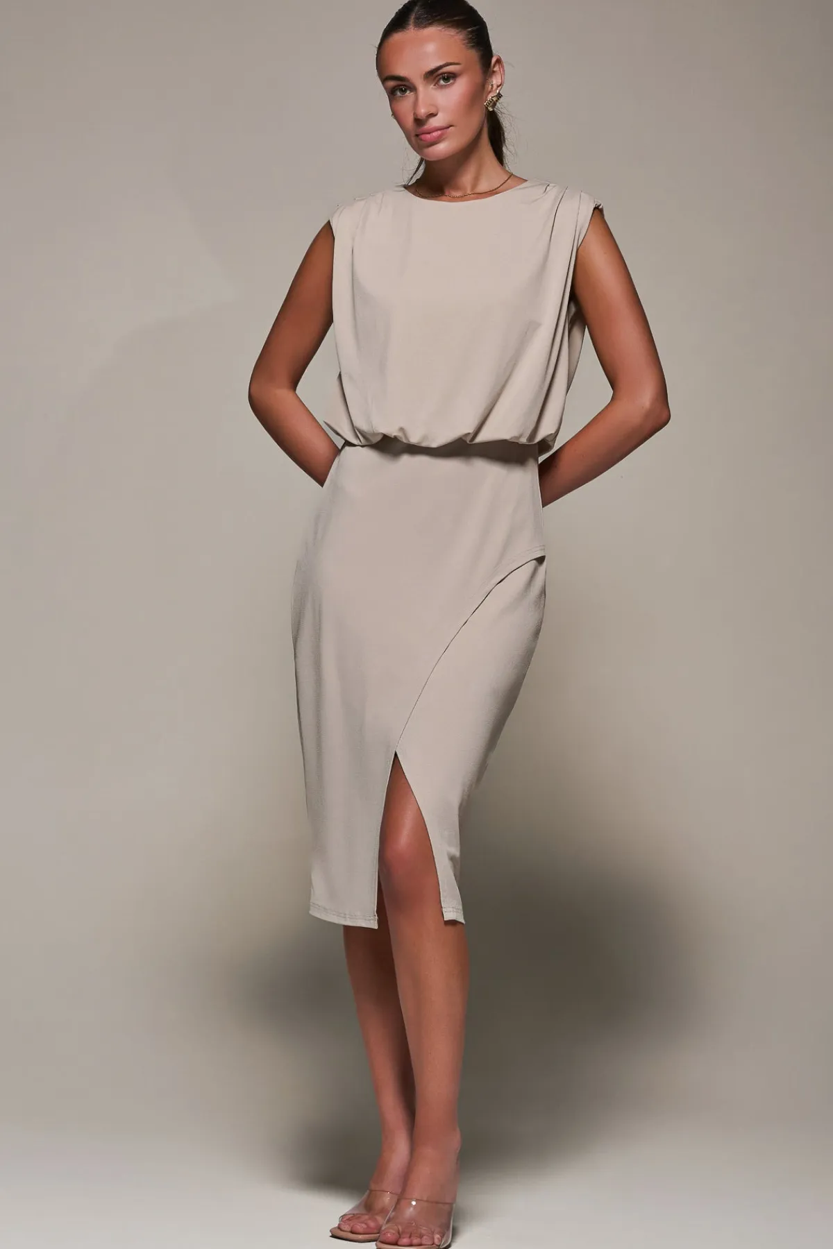 Jolie Moi Office Wear|Jersey Dresses-Draped Wrap Bodycon MIdi Dress, Taupe