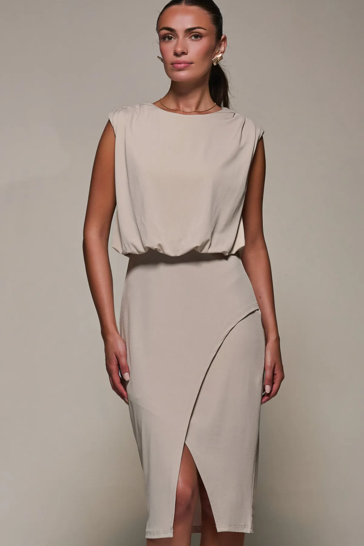 Jolie Moi Office Wear|Jersey Dresses-Draped Wrap Bodycon MIdi Dress, Taupe