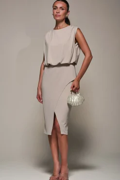 Jolie Moi Office Wear|Jersey Dresses-Draped Wrap Bodycon MIdi Dress, Taupe